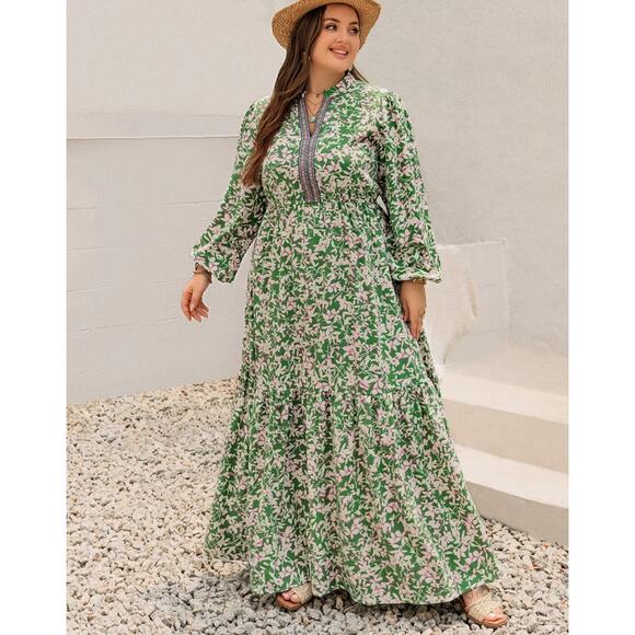 Rusttydustty Green Floral Boho Maxi Dress Size 4XL Long Sleeve Smocked Waist - Picture 1 of 11